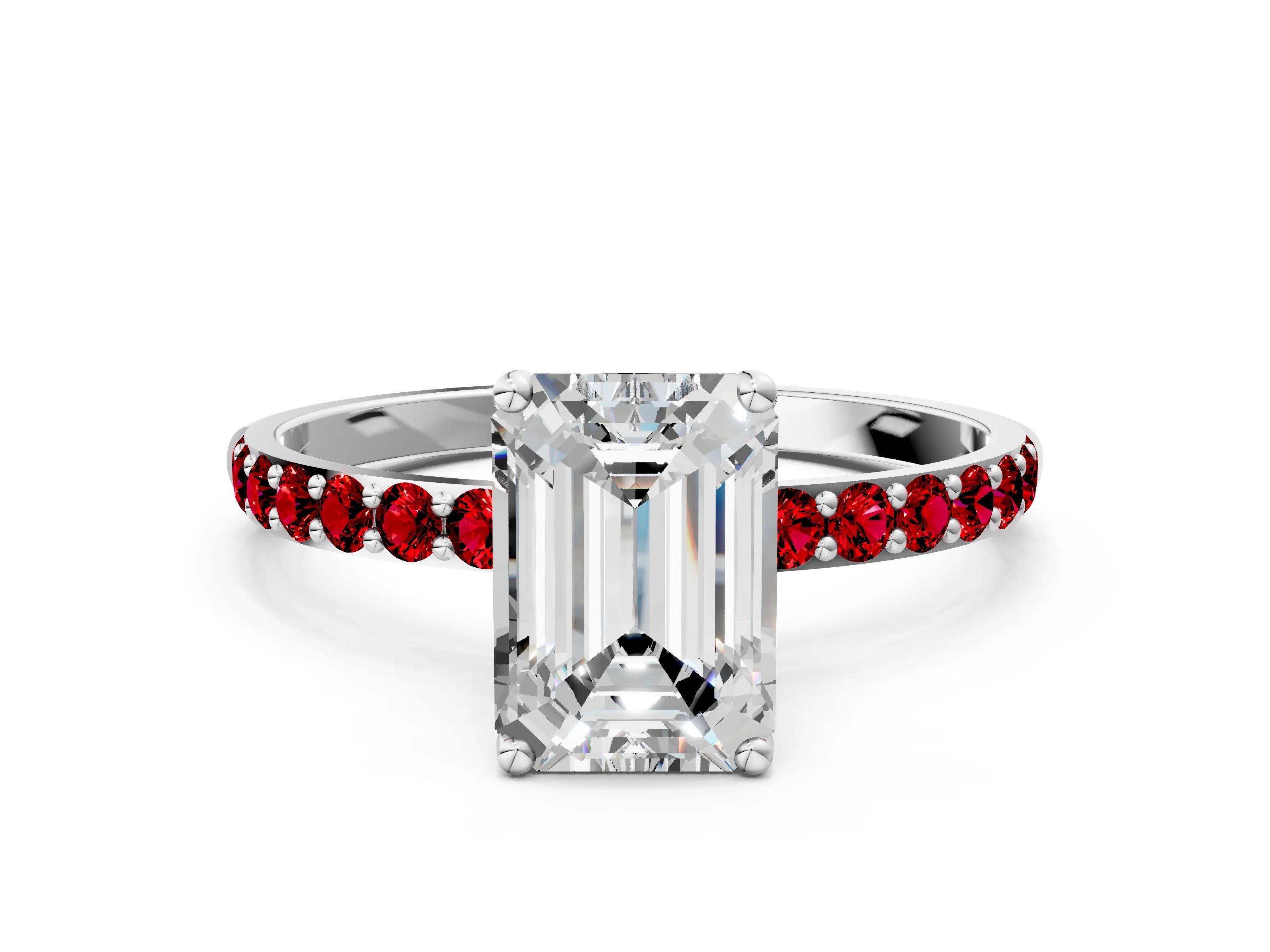 White gold Emerald Cut Diamond Solitaire Engagement Ring with Round with Ruby side stone Pavé Band and Prong Setting_24