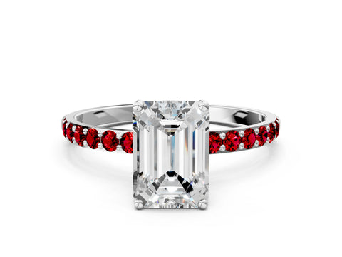 White gold Emerald Cut Diamond Solitaire Engagement Ring with Round with Ruby side stone Pavé Band and Prong Setting_24