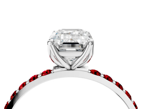 White gold Emerald Cut Diamond Solitaire Engagement Ring with Round with Ruby side stone Pavé Band and Prong Setting_28