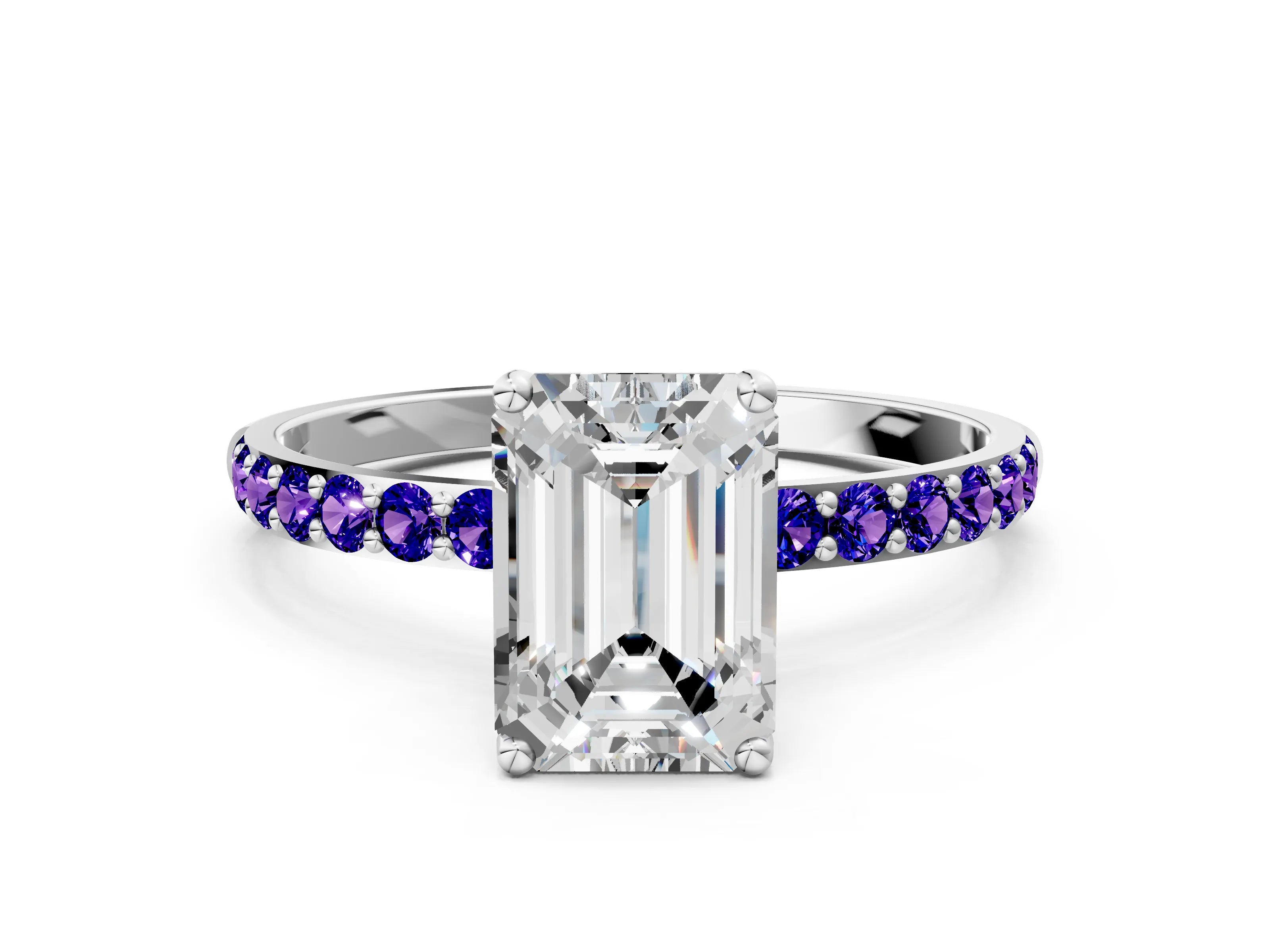 White gold Emerald Cut Diamond Solitaire Engagement Ring with Round with Tanzanite side stone Pavé Band and Prong Setting_12