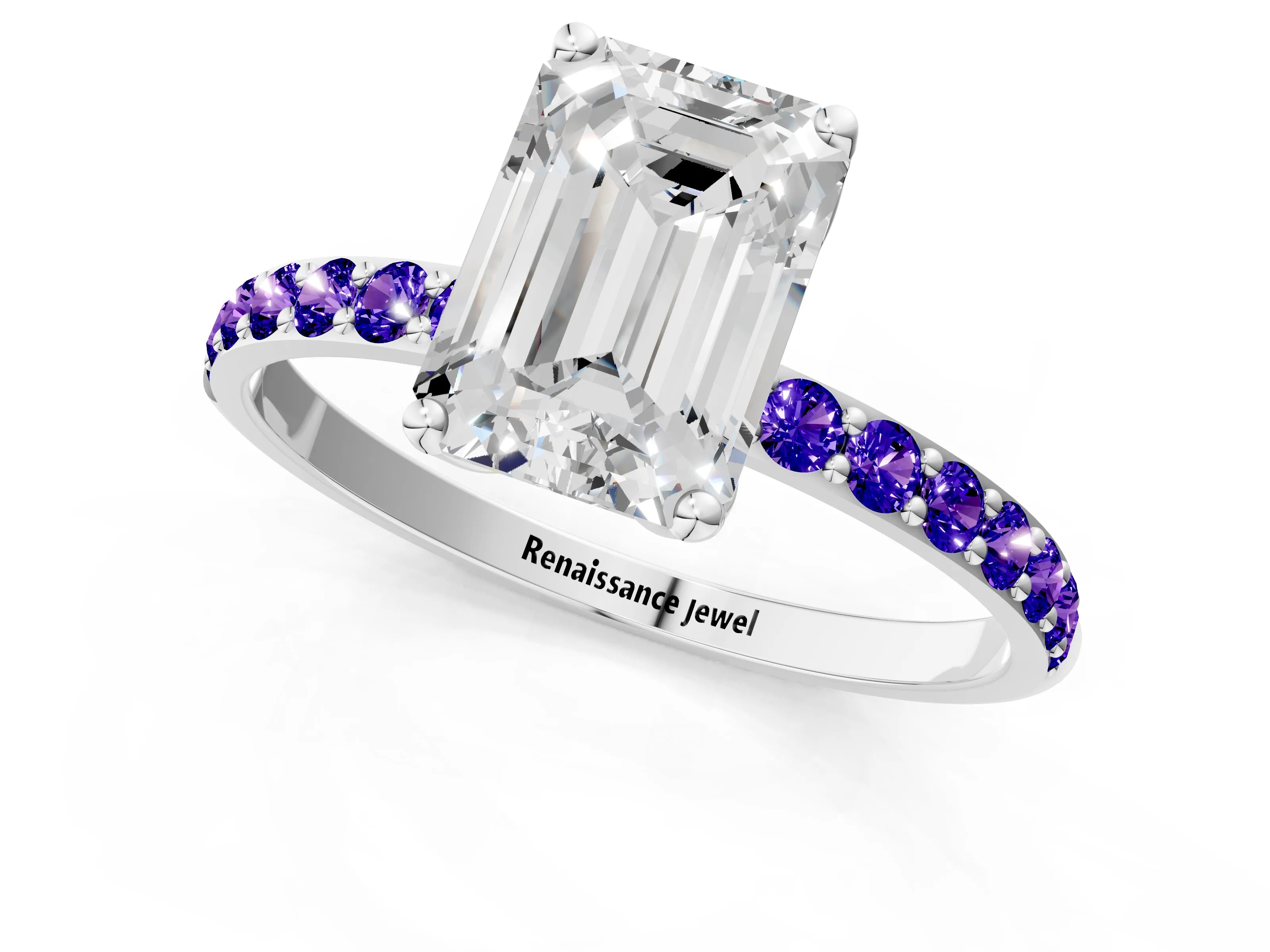 White gold Emerald Cut Diamond Solitaire Engagement Ring with Round with Tanzanite side stone Pavé Band and Prong Setting_13