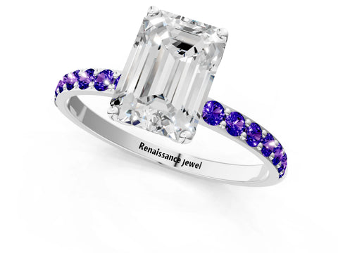 White gold Emerald Cut Diamond Solitaire Engagement Ring with Round with Tanzanite side stone Pavé Band and Prong Setting_1