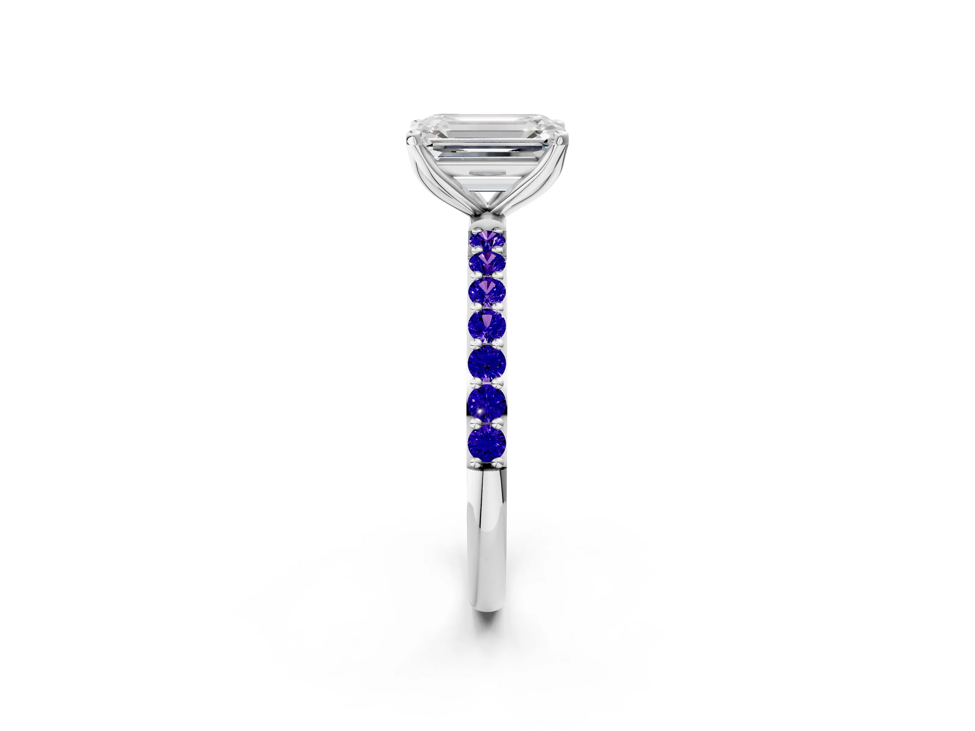 White gold Emerald Cut Diamond Solitaire Engagement Ring with Round with Tanzanite side stone Pavé Band and Prong Setting_2