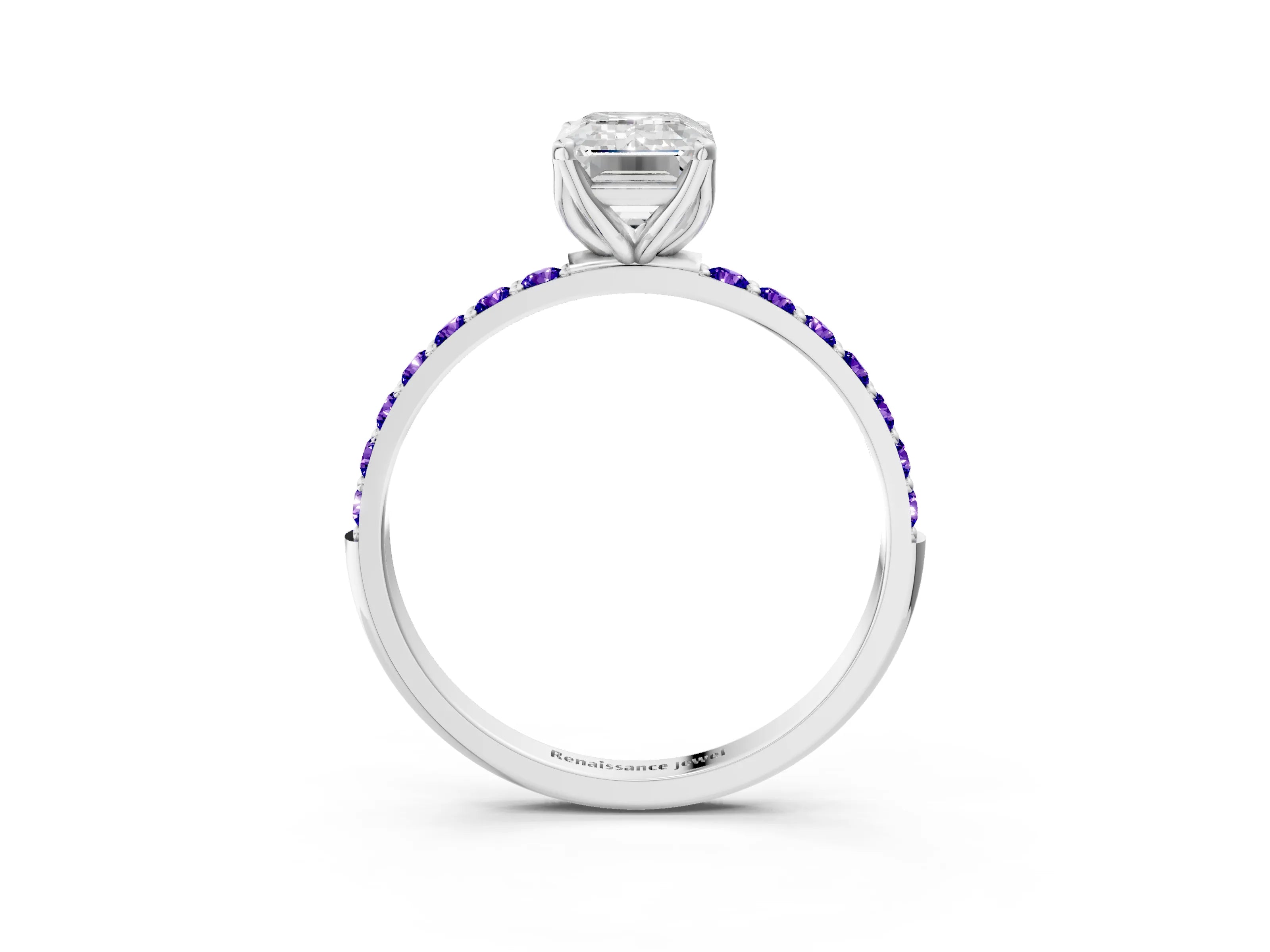 White gold Emerald Cut Diamond Solitaire Engagement Ring with Round with Tanzanite side stone Pavé Band and Prong Setting_3
