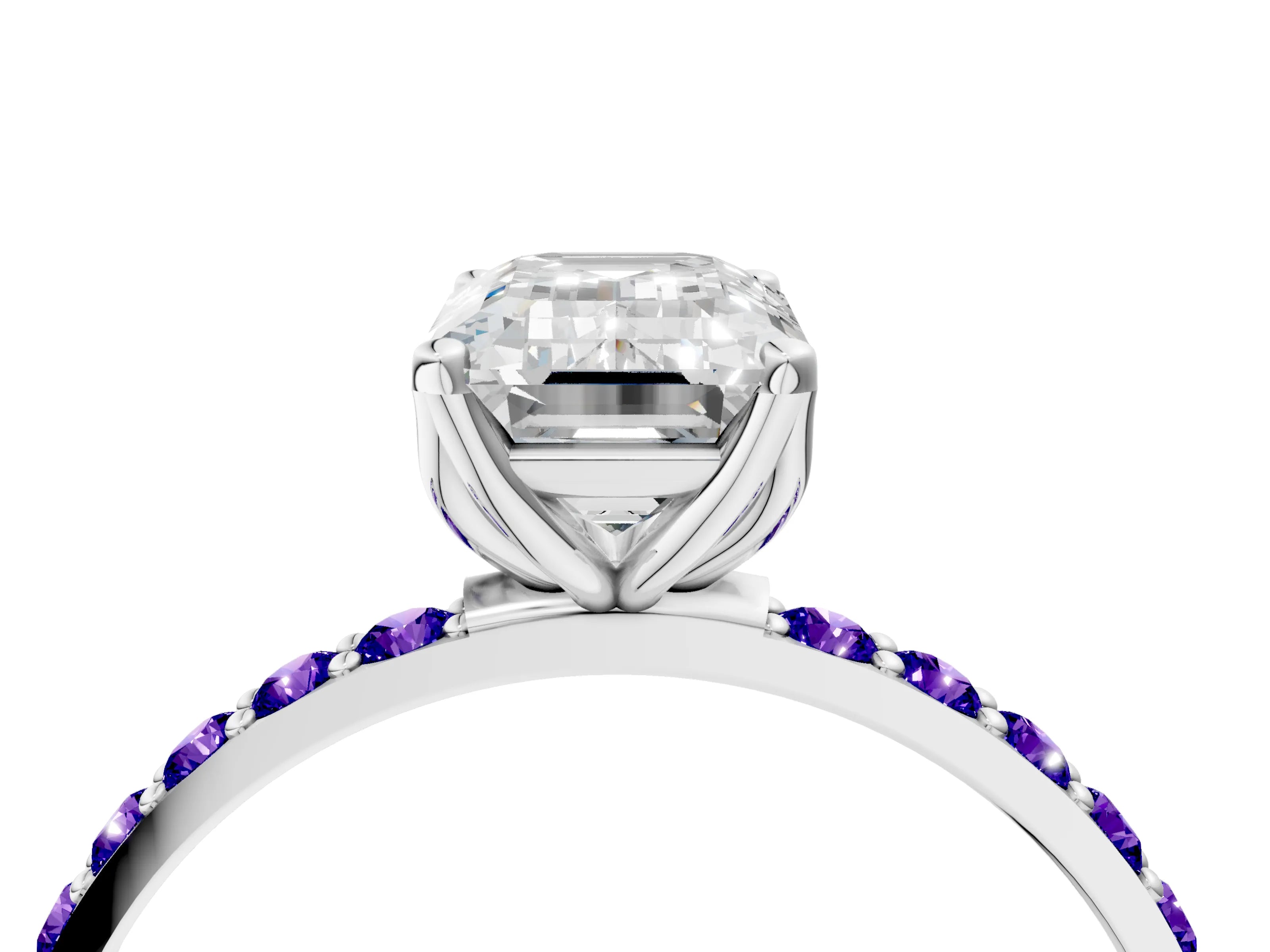 White gold Emerald Cut Diamond Solitaire Engagement Ring with Round with Tanzanite side stone Pavé Band and Prong Setting_4