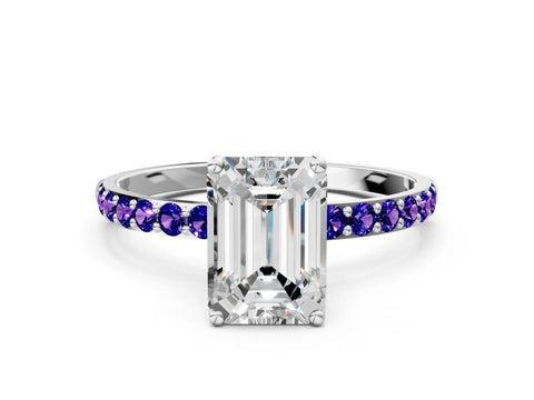 White gold Emerald Cut Diamond Solitaire Engagement Ring with Round with Tanzanite side stone Pavé Band and Prong Setting