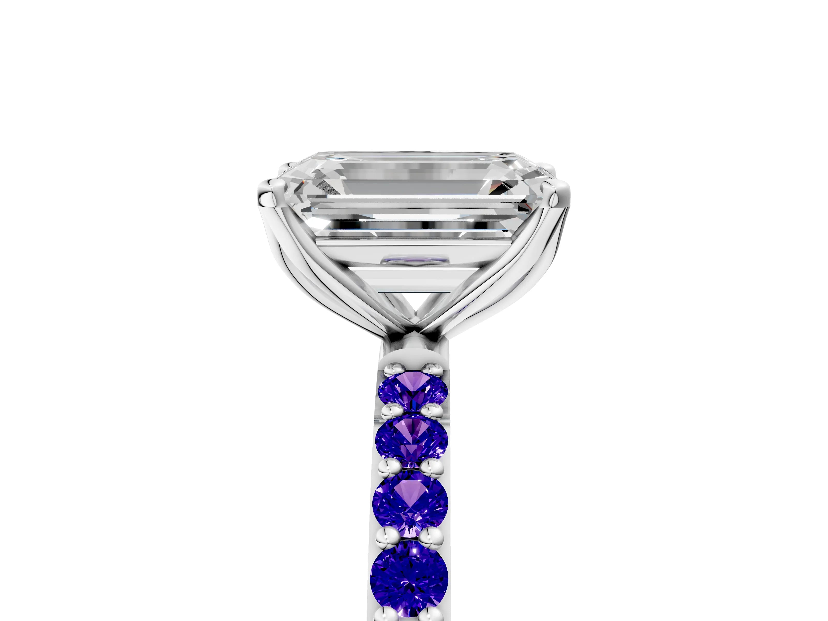 White gold Emerald Cut Diamond Solitaire Engagement Ring with Round with Tanzanite side stone Pavé Band and Prong Setting_5