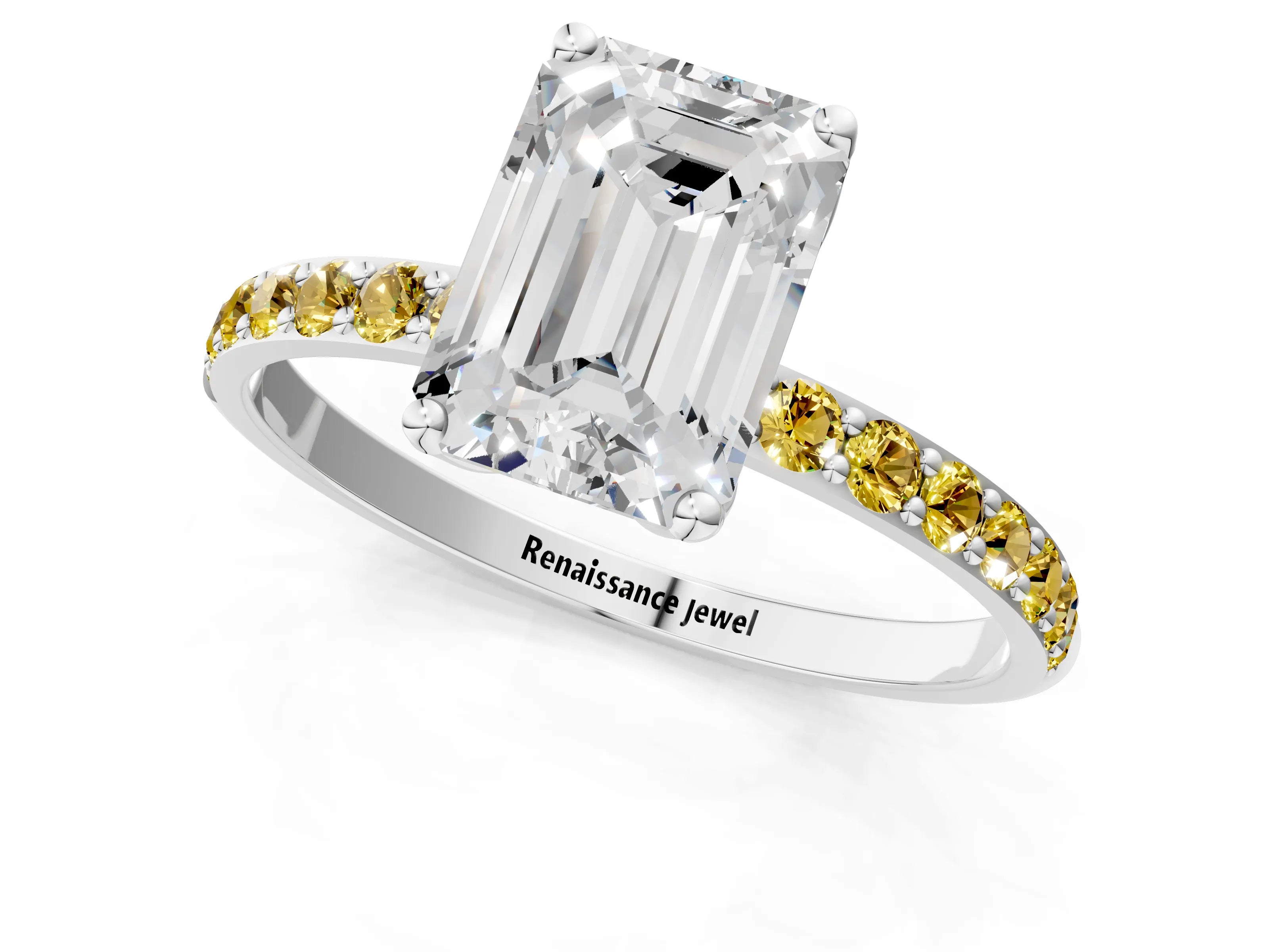White gold Emerald Cut Diamond Solitaire Engagement Ring with Round with Yellow Sapphire side stone Pavé Band and Prong Setting_13