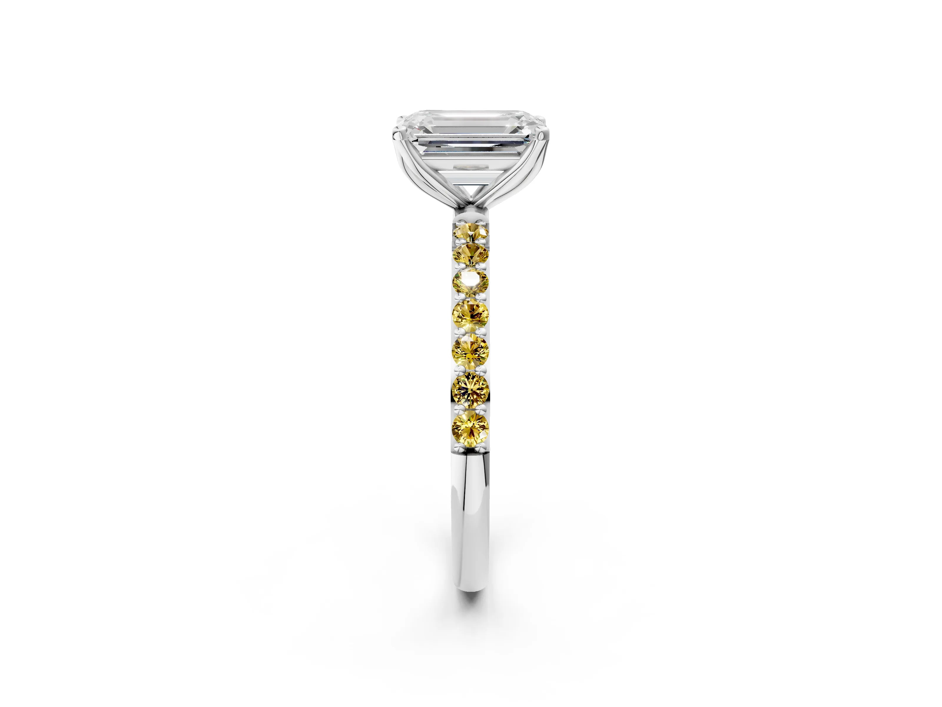 White gold Emerald Cut Diamond Solitaire Engagement Ring with Round with Yellow Sapphire side stone Pavé Band and Prong Setting_14