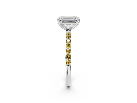 White gold Emerald Cut Diamond Solitaire Engagement Ring with Round with Yellow Sapphire side stone Pavé Band and Prong Setting_14
