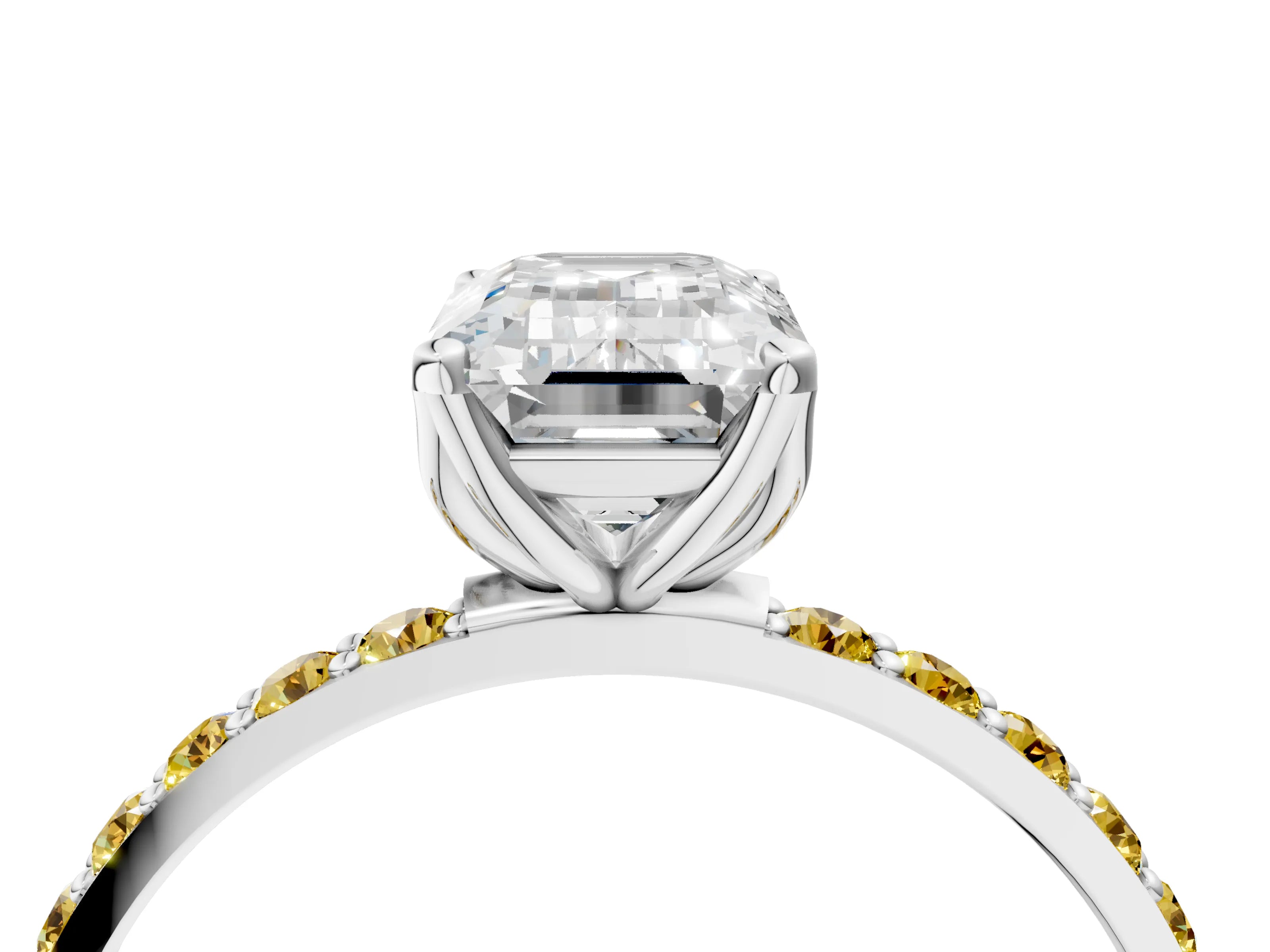 White gold Emerald Cut Diamond Solitaire Engagement Ring with Round with Yellow Sapphire side stone Pavé Band and Prong Setting_16