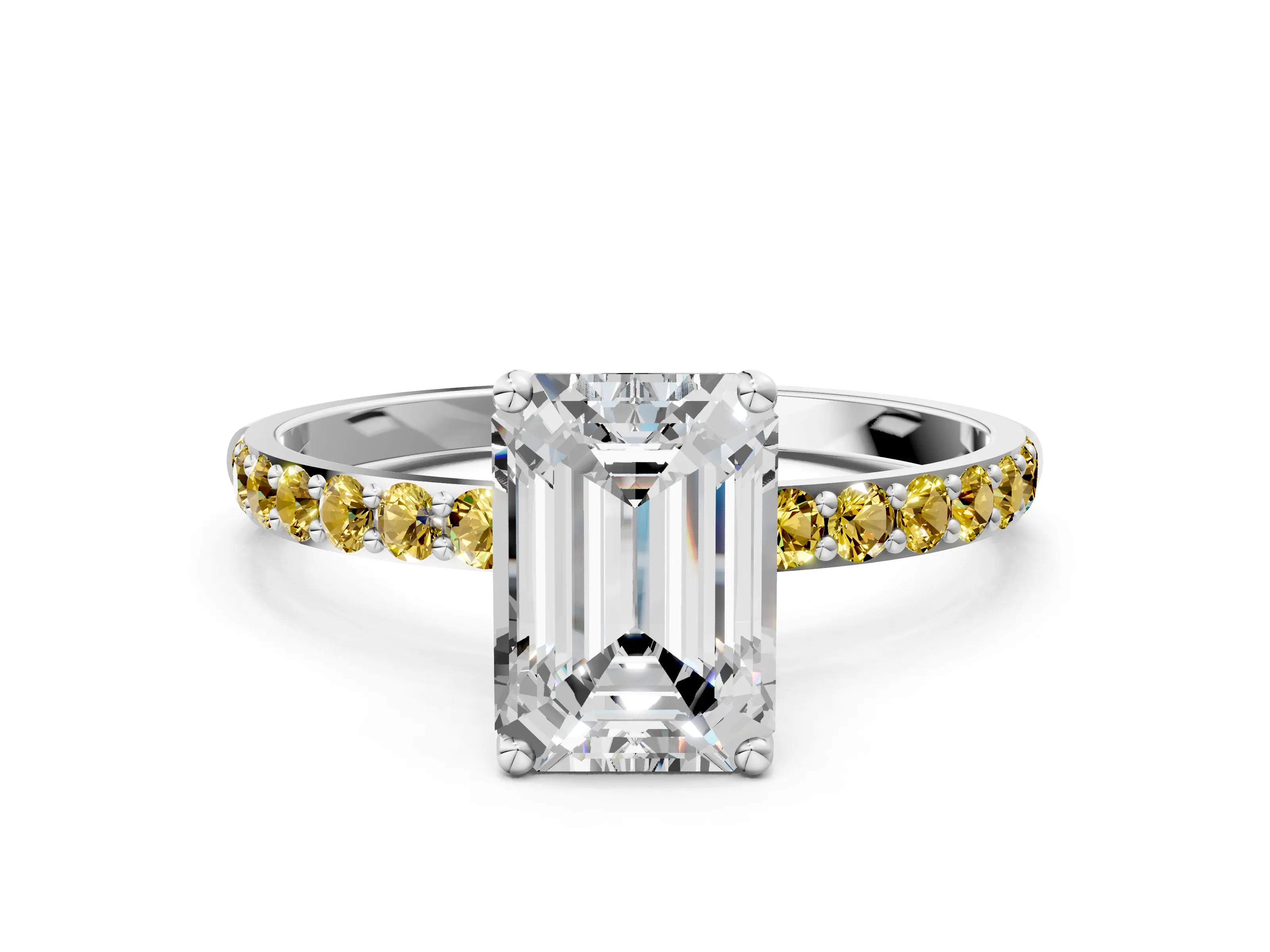 White gold Emerald Cut Diamond Solitaire Engagement Ring with Round with Yellow Sapphire side stone Pavé Band and Prong Setting_24
