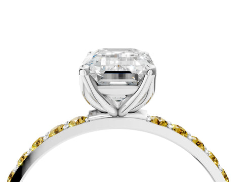 White gold Emerald Cut Diamond Solitaire Engagement Ring with Round with Yellow Sapphire side stone Pavé Band and Prong Setting_28