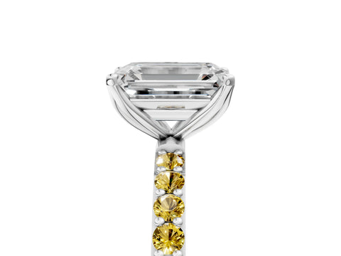 White gold Emerald Cut Diamond Solitaire Engagement Ring with Round with Yellow Sapphire side stone Pavé Band and Prong Setting_29