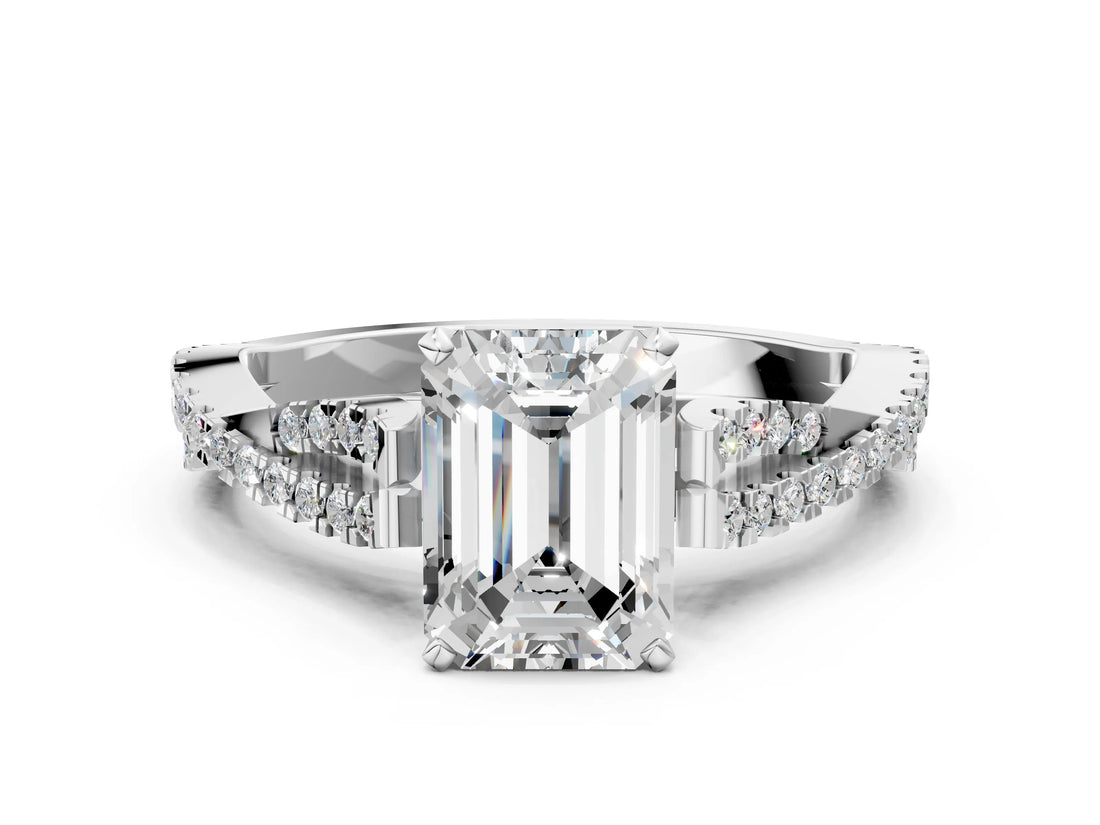 White gold Emerald Cut Diamond Solitaire Engagement Ring with Twisted Pavé Band and Four-Prong Setting_75