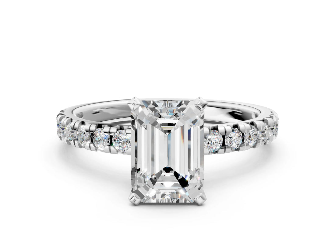 White gold Emerald Cut Diamond Solitaire Pavé Engagement Ring with Round Band and Prong Setting_55