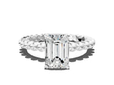 White gold Emerald Cut Diamond Solitaire Ring with Beaded Band and Prong Setting_342
