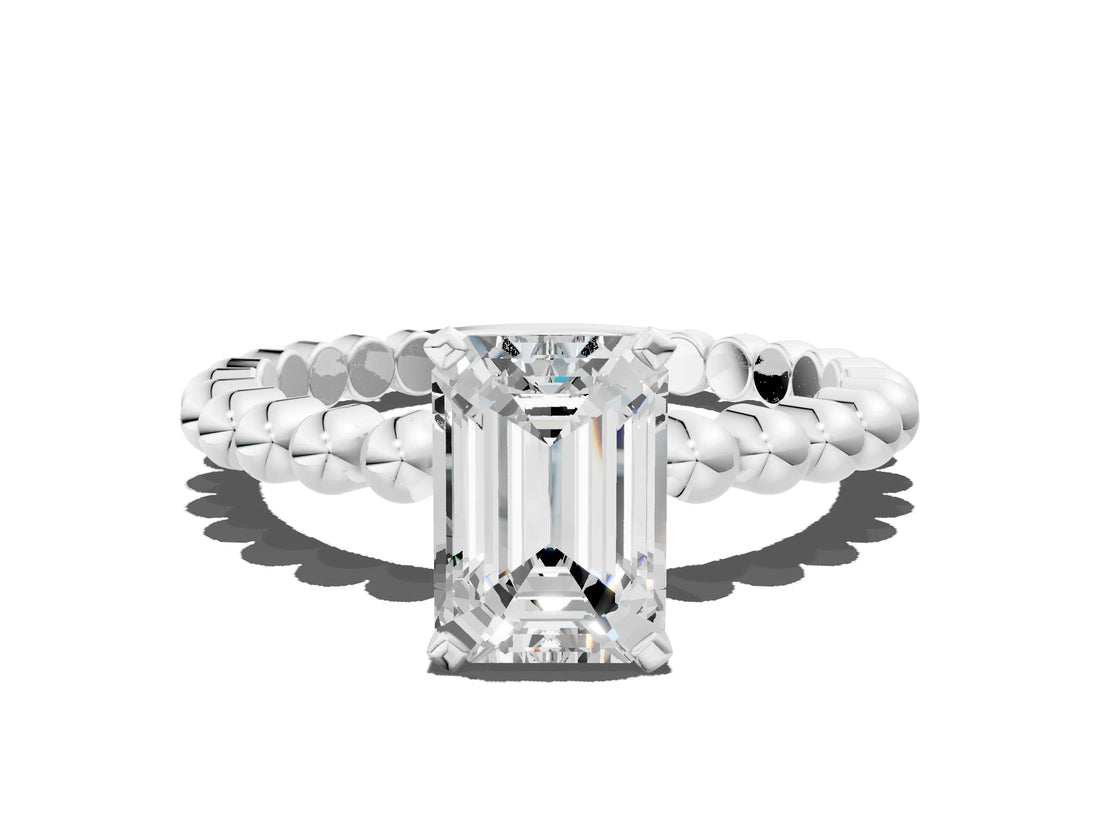 White gold Emerald Cut Diamond Solitaire Ring with Beaded Band and Prong Setting_343