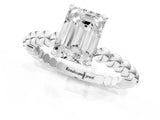 White gold Emerald Cut Diamond Solitaire Ring with Beaded Band and Prong Setting_344