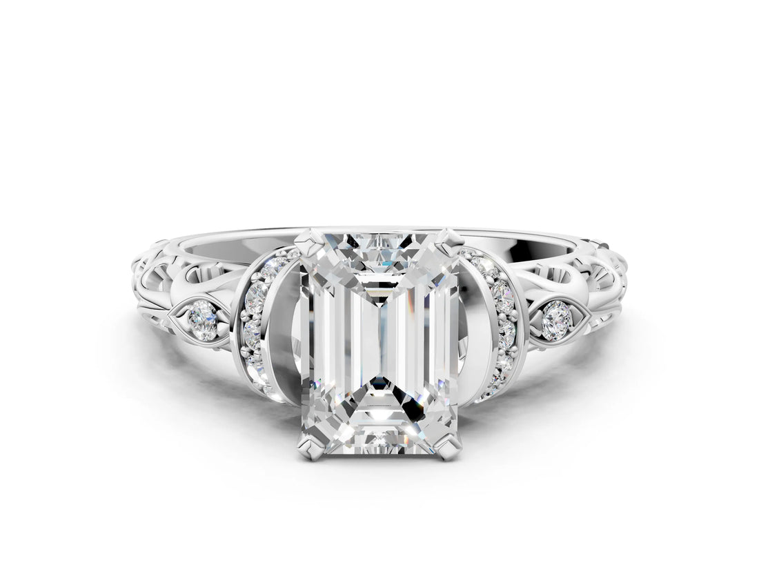 White gold Emerald Cut Diamond Solitaire Ring with Filigree Band and Four-Prong Setting_107