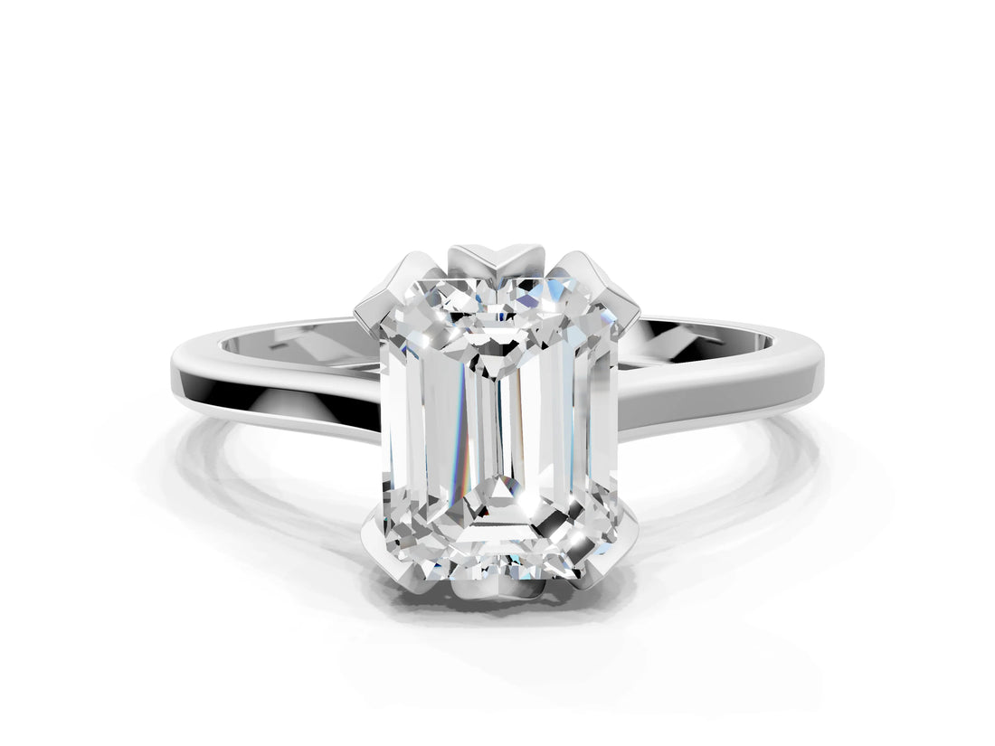 White gold Emerald Cut Diamond Solitaire Ring with Flower Prong Setting and Classic Band_298
