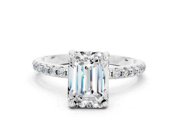 Silver Emerald Cut Moissanite Hidden Halo Engagement Ring with Round Pavé Band and Prong Setting