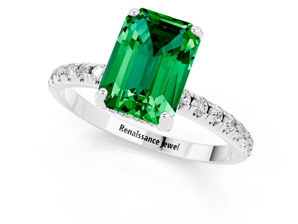 Platinum Emerald Cut Emerald Hidden Halo Engagement Ring with Round Pavé Band and Prong Setting