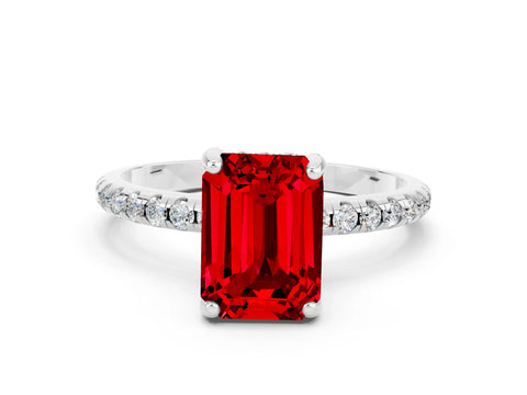White gold Emerald Cut Diamond Solitaire Ring with Four-Prong Setting and Pavé Band