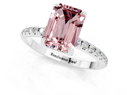 White gold Emerald Cut Diamond Solitaire Ring with Four-Prong Setting and Pavé Band_1