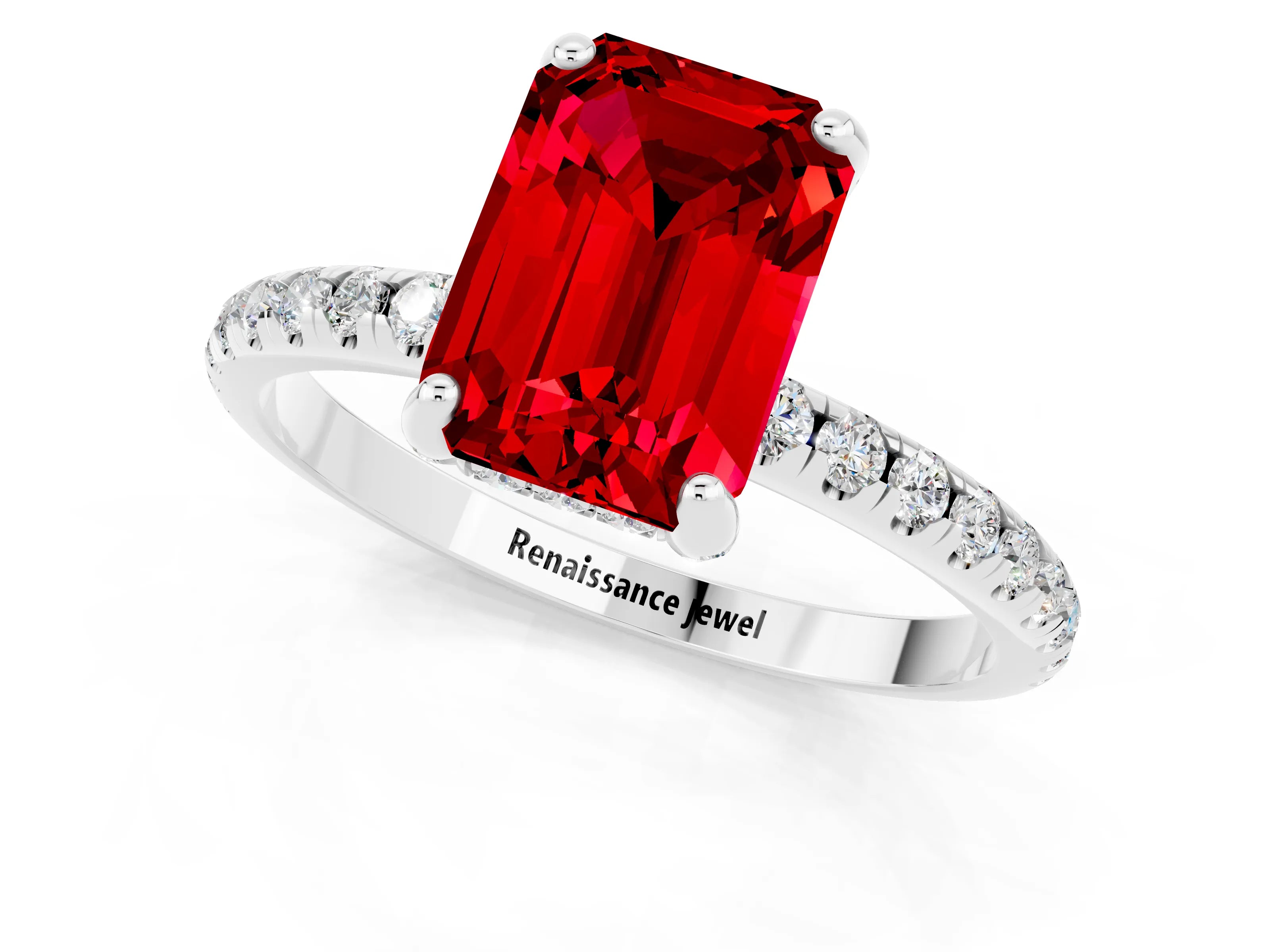 White gold Emerald Cut Diamond Solitaire Ring with Four-Prong Setting and Pavé Band_1