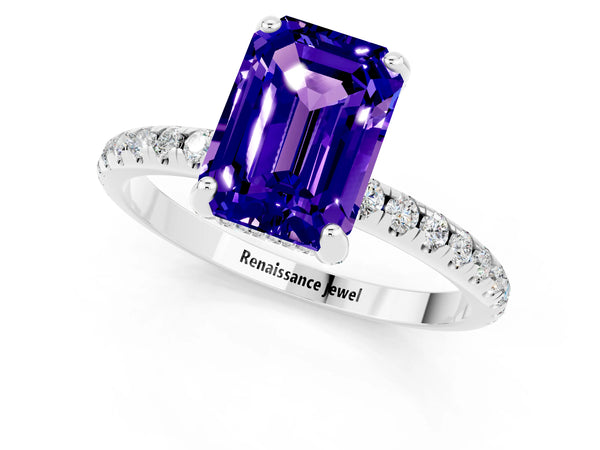 White gold Emerald Cut Tanzanite Hidden Halo Engagement Ring with Round Pavé Band and Prong Setting