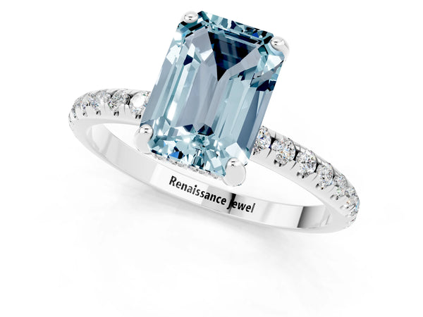 Silver Emerald Cut Aquamarine Hidden Halo Engagement Ring with Round Pavé Band and Prong Setting