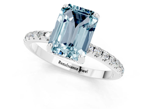 White gold Emerald Cut Diamond Solitaire Ring with Four-Prong Setting and Pavé Band_1