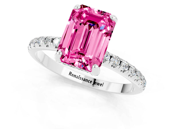 White gold Emerald Cut Pink Sapphire Hidden Halo Engagement Ring with Round Pavé Band and Prong Setting