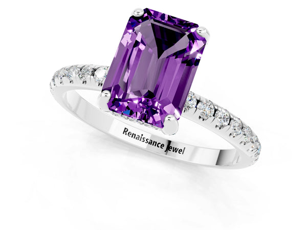 Platinum Emerald Cut Amethyst Hidden Halo Engagement Ring with Round Pavé Band and Prong Setting