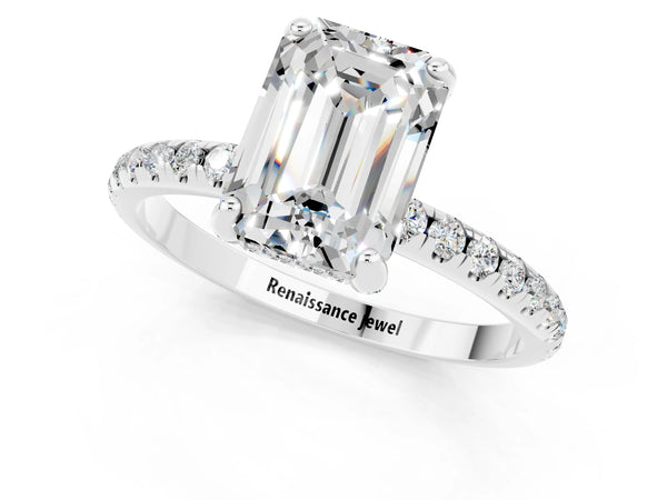 Silver Emerald Cut Moissanite Hidden Halo Engagement Ring with Round Pavé Band and Prong Setting