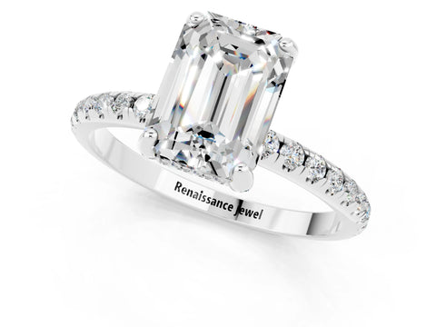 White gold Emerald Cut Diamond Solitaire Ring with Four-Prong Setting and Pavé Band_1