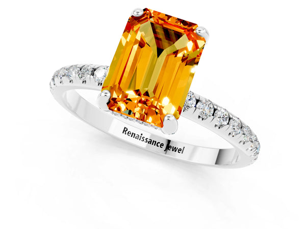 Silver Emerald Cut Citrine Hidden Halo Engagement Ring with Round Pavé Band and Prong Setting