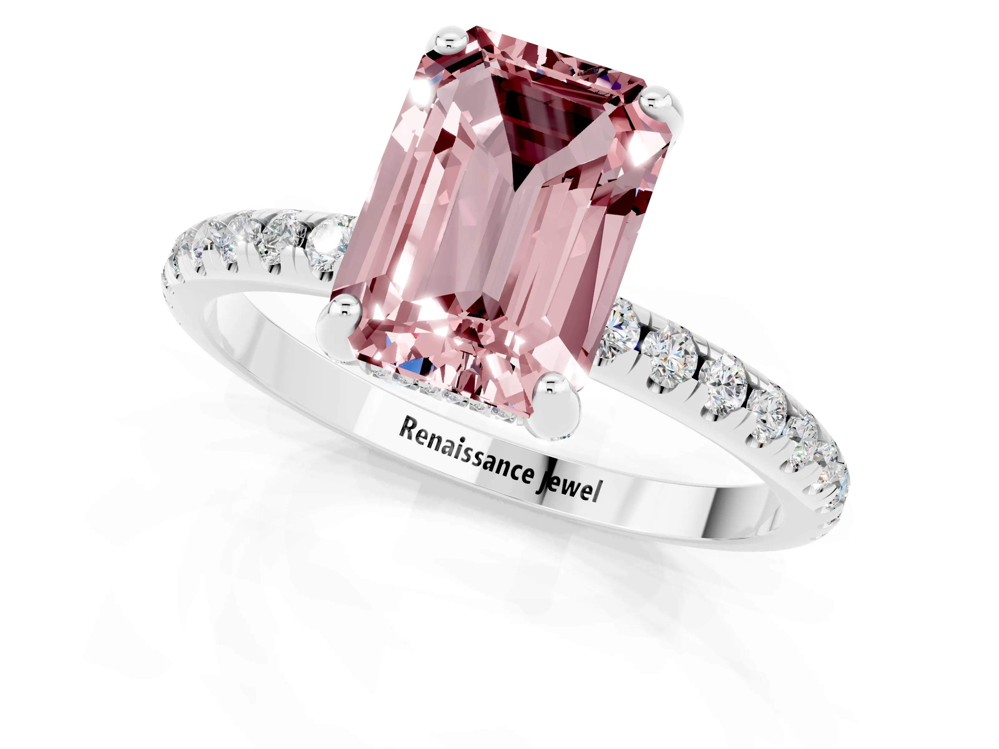 White gold Emerald Cut Diamond Solitaire Ring with Four-Prong Setting and Pavé Band_1