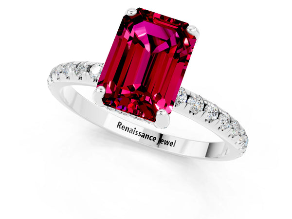 Silver Emerald Cut Garnet Hidden Halo Engagement Ring with Round Pavé Band and Prong Setting