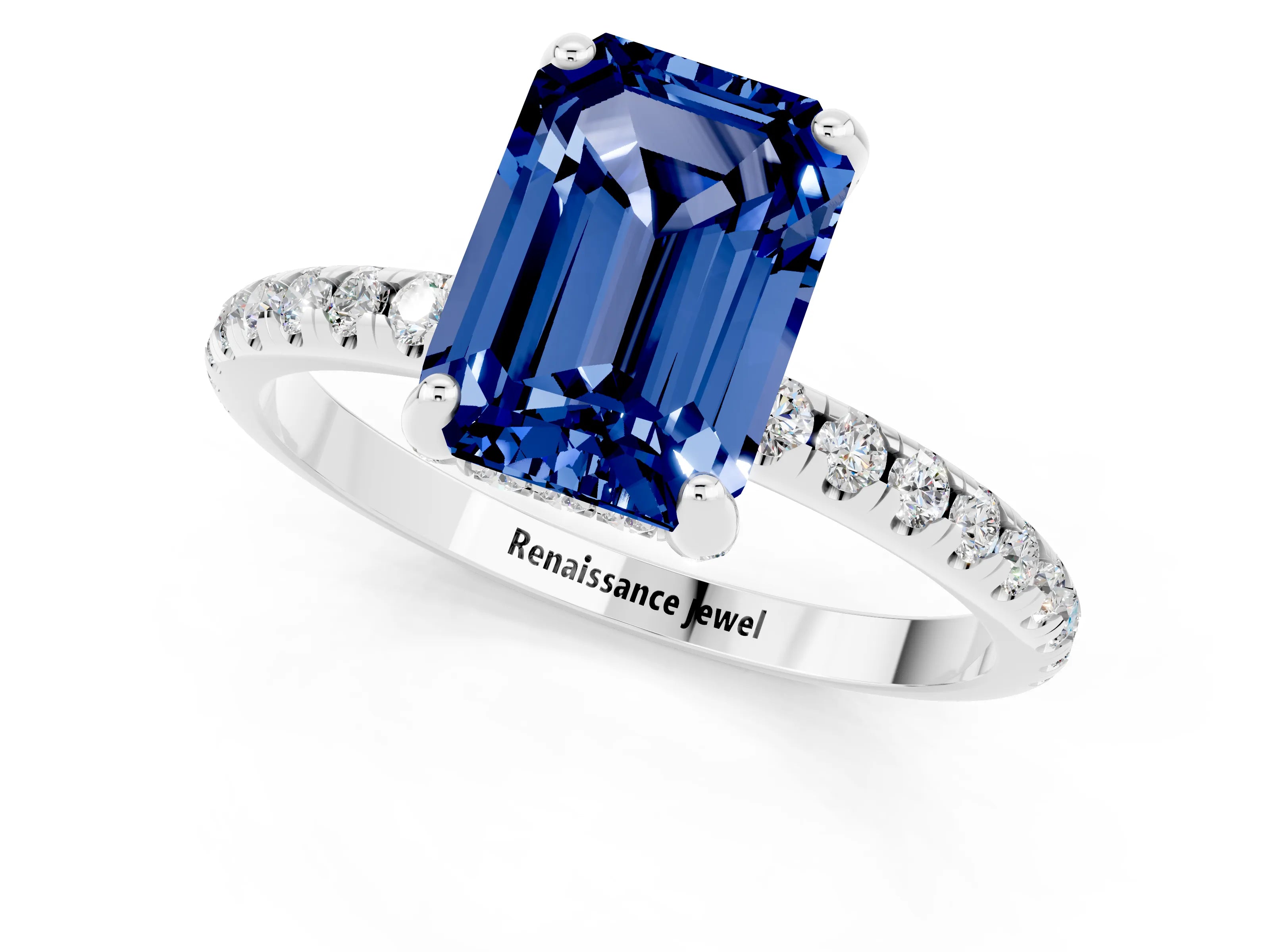 White gold Emerald Cut Diamond Solitaire Ring with Four-Prong Setting and Pavé Band_1