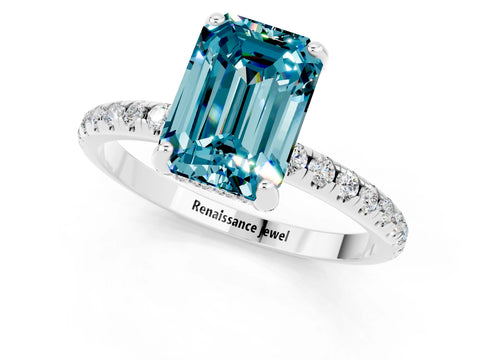 White gold Emerald Cut Diamond Solitaire Ring with Four-Prong Setting and Pavé Band_1