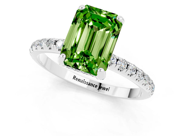 Platinum Emerald Cut Diamond Solitaire Ring with Four-Prong Setting and Pavé Band