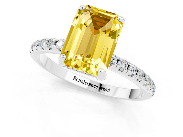 Silver Emerald Cut Yellow Sapphire Hidden Halo Engagement Ring with Round Pavé Band and Prong Setting