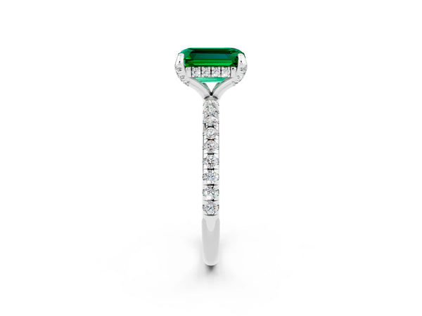 Platinum Emerald Cut Emerald Hidden Halo Engagement Ring with Round Pavé Band and Prong Setting