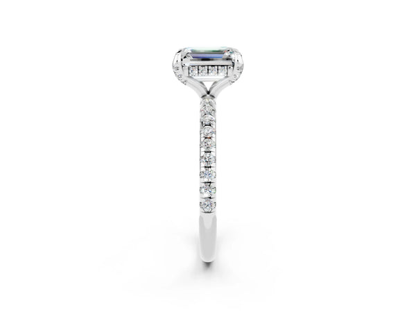 White gold Emerald Cut Moissanite Hidden Halo Engagement Ring with Round Pavé Band and Prong Setting