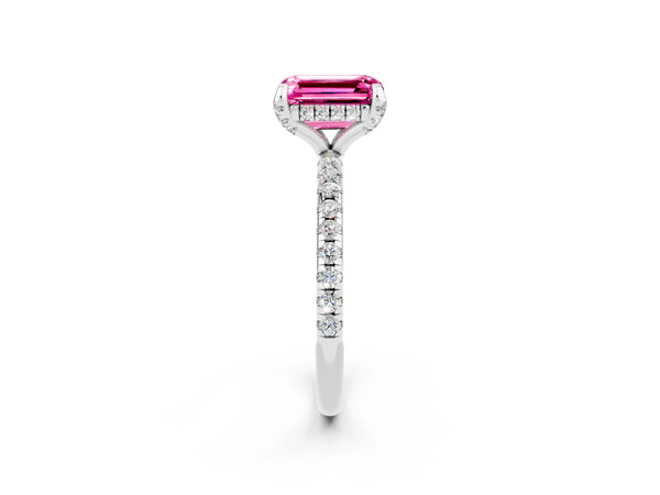 White gold Emerald Cut Pink Sapphire Hidden Halo Engagement Ring with Round Pavé Band and Prong Setting