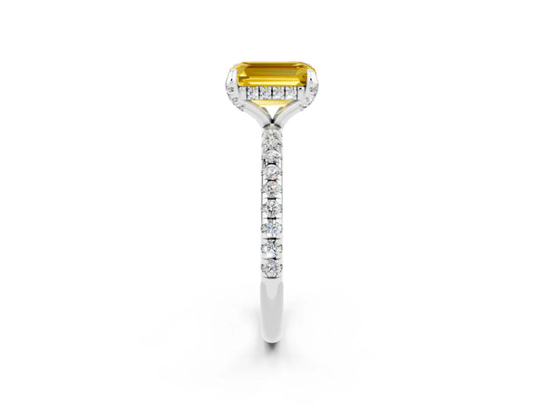 Silver Emerald Cut Yellow Sapphire Hidden Halo Engagement Ring with Round Pavé Band and Prong Setting