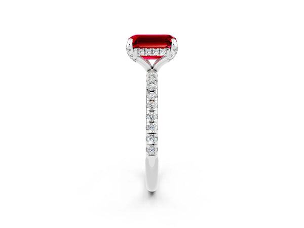 White gold Emerald Cut Diamond Solitaire Ring with Four-Prong Setting and Pavé Band