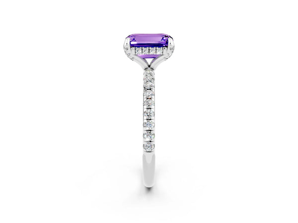 White gold Emerald Cut Tanzanite Hidden Halo Engagement Ring with Round Pavé Band and Prong Setting